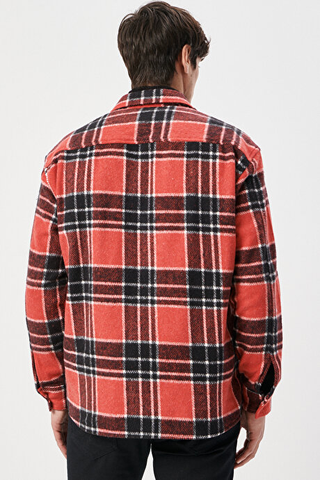 Oversize Bol Kesim Düğmeli Yaka Cepli Kareli Kırmızı-Siyah Gömlek Ceket resmi