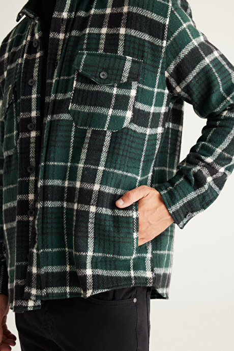 Oversize Bol Kesim Düğmeli Yaka Ekose Desenli Oduncu Kışlık Haki-Siyah Gömlek Ceket resmi