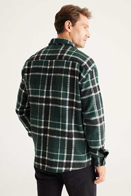 Oversize Bol Kesim Düğmeli Yaka Ekose Desenli Oduncu Kışlık Haki-Siyah Gömlek Ceket resmi