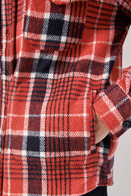 Oversize Fit Geniş Kesim Düğmeli Yaka Ekose Desenli Kırmızı-Siyah Gömlek Ceket resmi