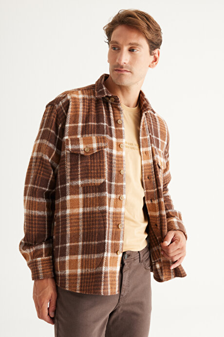 Oversize Bol Kesim Düğmeli Yaka Ekose Desenli Oduncu Kışlık Vizon-Kahve Gömlek Ceket resmi