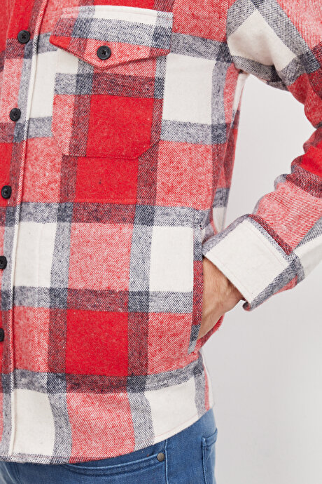 Oversize Fit Geniş Kesim Düğmeli Yaka Kareli Kırmızı-Ekru Gömlek Ceket resmi