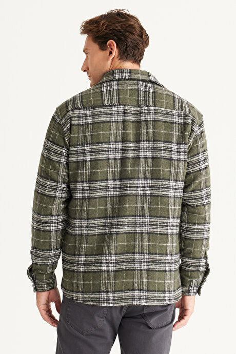 Oversize Bol Kesim Düğmeli Yaka Ekose Desenli Kışlık Haki Gömlek Ceket resmi