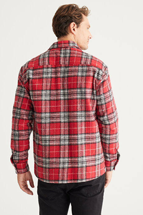 Oversize Bol Kesim Düğmeli Yaka Ekose Desenli Kışlık Kırmızı Gömlek Ceket resmi