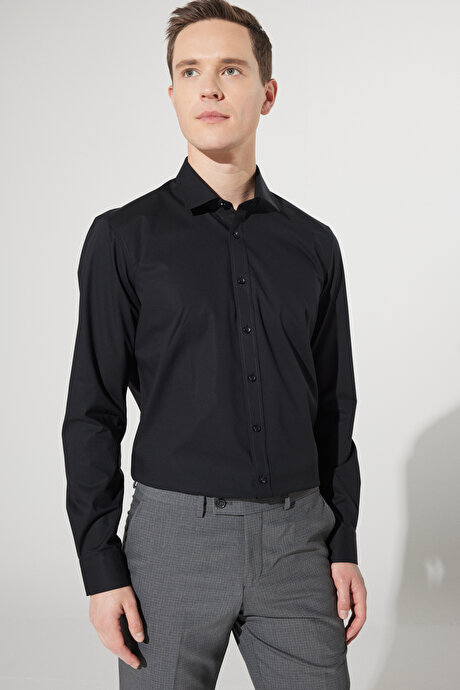 Ütü Gerektirmeyen Taılored Slim Fit Dar Kesim Klasik Yaka %100 Pamuk Desenli Non-Iron Siyah Gömlek resmi