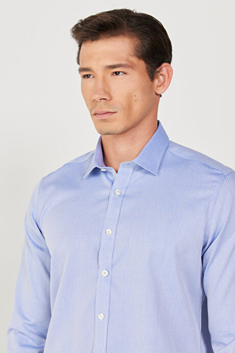 Ütü Gerektirmeyen Non-Iron Taılored Slim Fit Dar Kesim %100 Pamuk Desenli Mavi Gömlek resmi