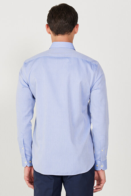 Ütü Gerektirmeyen Non-Iron Taılored Slim Fit Dar Kesim %100 Pamuk Desenli Mavi Gömlek resmi