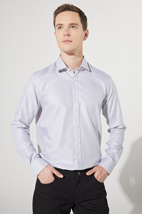 Ütü Gerektirmeyen Taılored Slim Fit Dar Kesim Klasik Yaka %100 Pamuk Desenli Non-Iron Gri Gömlek resmi