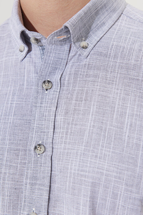 Slim Fit Dar Kesim Düğmeli Yaka Keten Görünümlü %100 Pamuk Flamlı Antrasit Gömlek resmi