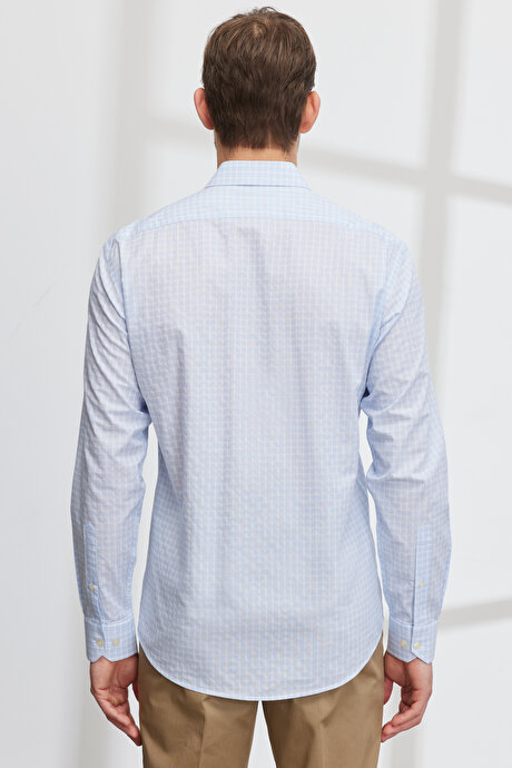 Comfort Fit Rahat Kesim Klasik Yaka %100 Pamuk Kareli Beyaz-Mavi Gömlek resmi