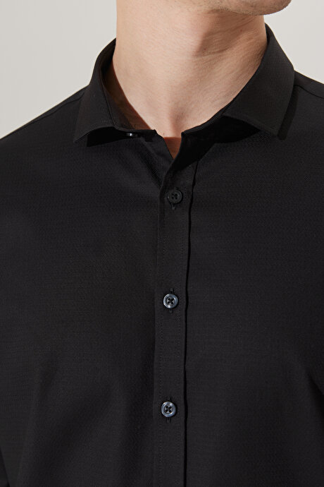 Comfort Fir Rahat Kesim Küçük İtalyan Yaka %100 Pamuk Armürlü Siyah Gömlek resmi