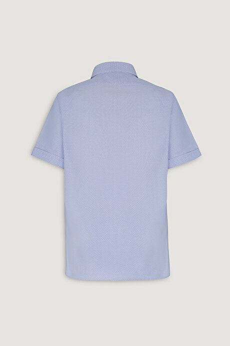 Comfort Fit Rahat Kesim Düğmeli Yaka Armürlü Kısa Kollu Mavi Gömlek resmi