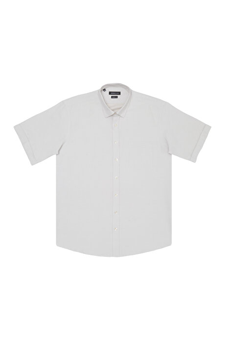 Comfort Fit Geniş Kesim Düğmeli Yaka Cepli Armürlü Beyaz-Bej Gömlek resmi