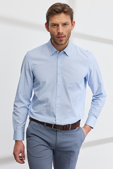 Slim Fit Dar Kesim Gizli Düğmeli Yaka Pamuklu Mavi-Beyaz Gömlek resmi