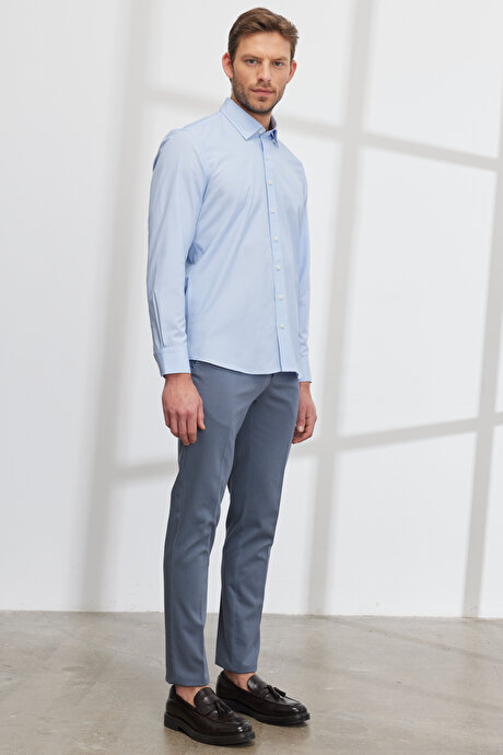 Slim Fit Dar Kesim Gizli Düğmeli Yaka Pamuklu Mavi-Beyaz Gömlek resmi