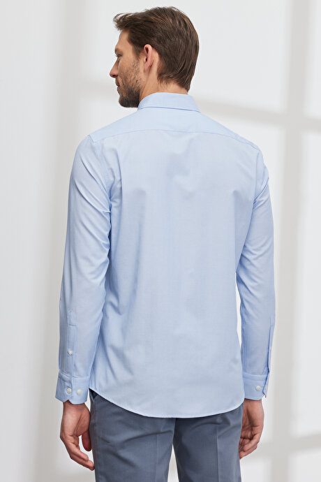 Slim Fit Dar Kesim Gizli Düğmeli Yaka Pamuklu Mavi-Beyaz Gömlek resmi