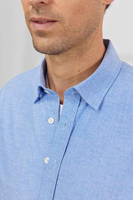Comfort Fit Geniş Kesim Düğmeli Yaka %100 Pamuk Mavi Gömlek resmi