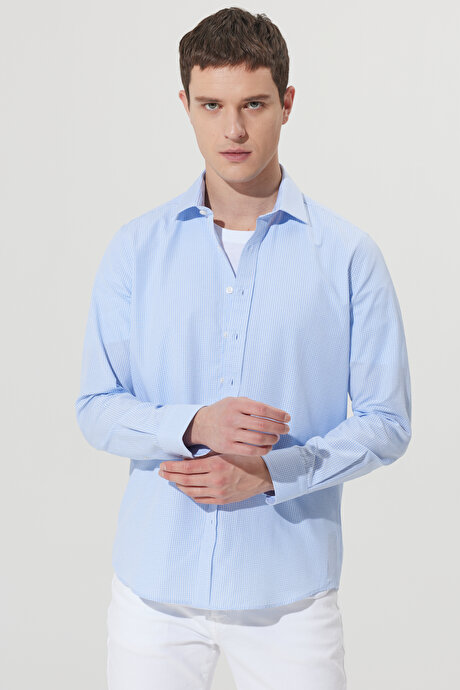 Slim Fit Dar Kesim Klasik Yaka Pamuklu Kareli Beyaz-Açık Mavi Gömlek resmi