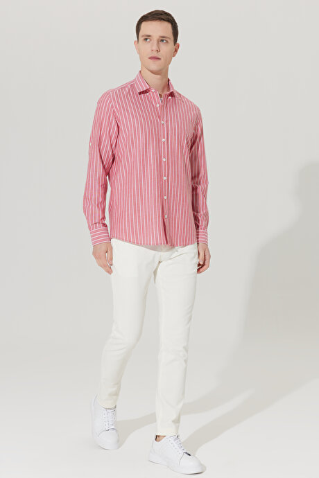 Slim Fit Dar Kesim Gizli Düğme Yaka %100 Pamuk Çizgili Bordo-Beyaz Gömlek resmi
