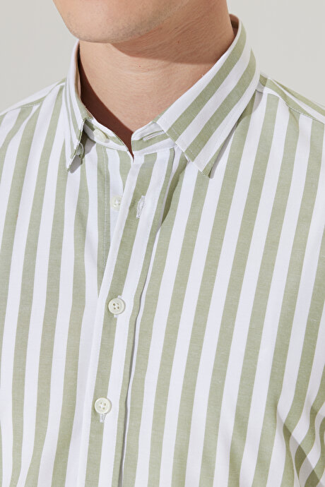 Slim Fit Dar Kesim Gizli Düğmeli Yaka Pamuklu Mint-Beyaz Gömlek resmi