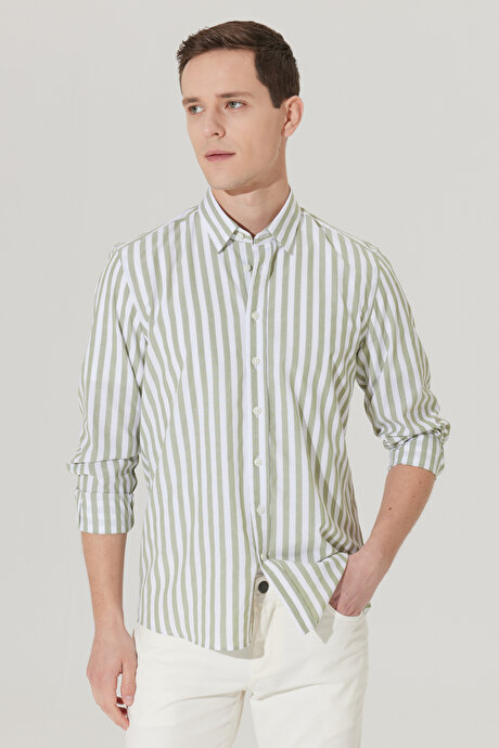 Slim Fit Dar Kesim Gizli Düğmeli Yaka Pamuklu Mint-Beyaz Gömlek resmi