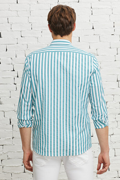 Slim Fit Dar Kesim Gizli Düğmeli Yaka Pamuklu Yeşil-Beyaz Gömlek resmi