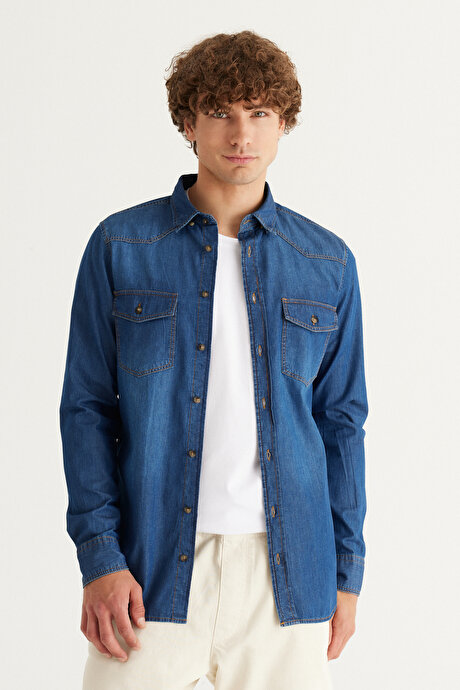 Slim Fit Dar Kesim Gizli Düğmeli Yaka %100 Pamuk Denim Mavi Gömlek resmi