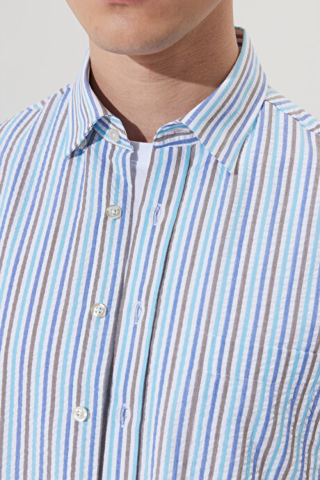 Comfort Fit Rahat Kesim Gizli Düğmeli Yaka Pamuklu Çizgili Beyaz-Mavi Gömlek resmi