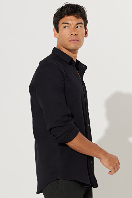 Comfort Fit Rahat Kesim Klasik Yaka %100 Pamuk Siyah Gömlek resmi