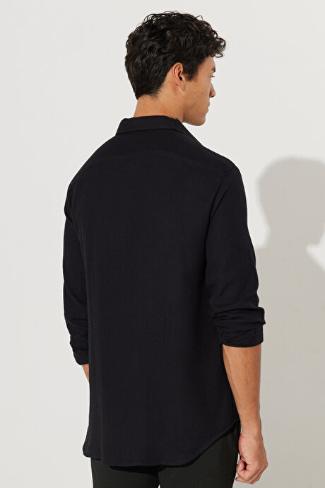 Comfort Fit Rahat Kesim Klasik Yaka %100 Pamuk Siyah Gömlek resmi