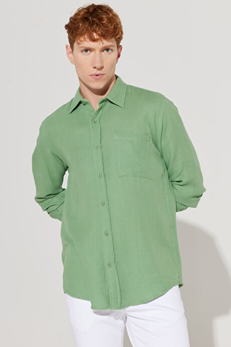 Comfort Fit Rahat Kesim Klasik Yaka %100 Pamuk Yeşil Gömlek resmi