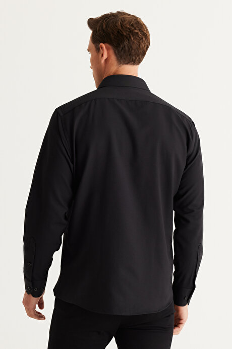 Comfort Fit Rahat Kesim Klasik Yaka Armürlü Siyah Gömlek resmi