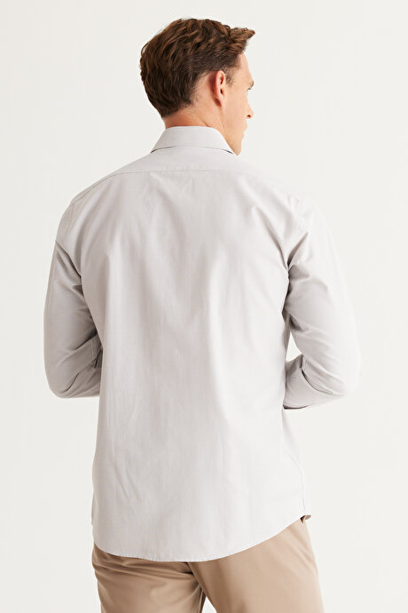 Comfort Fit Rahat Kesim Klasik Yaka Kareli Pamuklu Beyaz-Bej Gömlek resmi