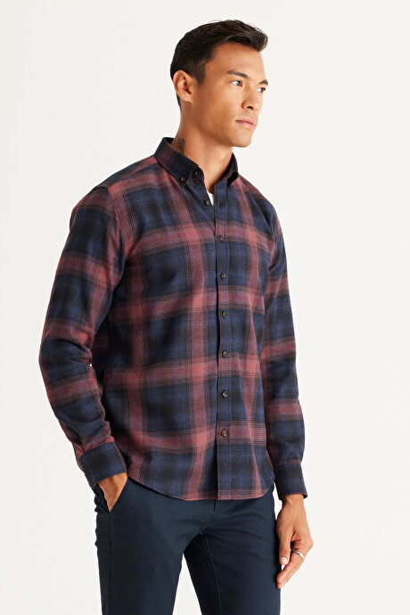 Slim Fit Dar Kesim Düğmeli Yaka Pamuklu Lacivert-Bordo Gömlek resmi