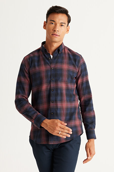 Slim Fit Dar Kesim Düğmeli Yaka Pamuklu Lacivert-Bordo Gömlek resmi