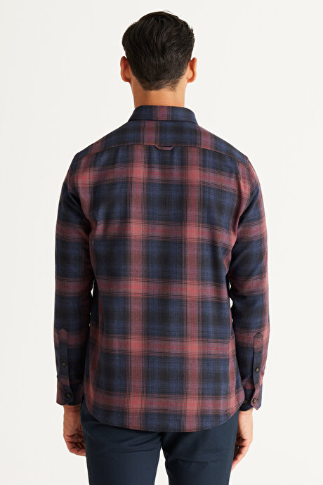 Slim Fit Dar Kesim Düğmeli Yaka Pamuklu Lacivert-Bordo Gömlek resmi