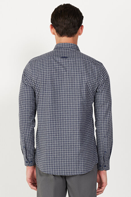 Slim Fit Dar Kesim Klasik Yaka Kareli Lacivert-Gri Gömlek resmi