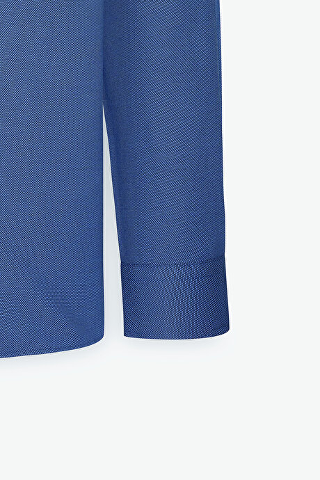 Slim Fit Dar Kesim %100 Pamuk Düğmeli Yaka Oxford Mavi Gömlek resmi