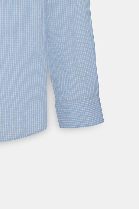 Comfort Fit Rahat Kesim Düğmeli Yaka Pamuklu Kareli Beyaz-Mavi Gömlek resmi
