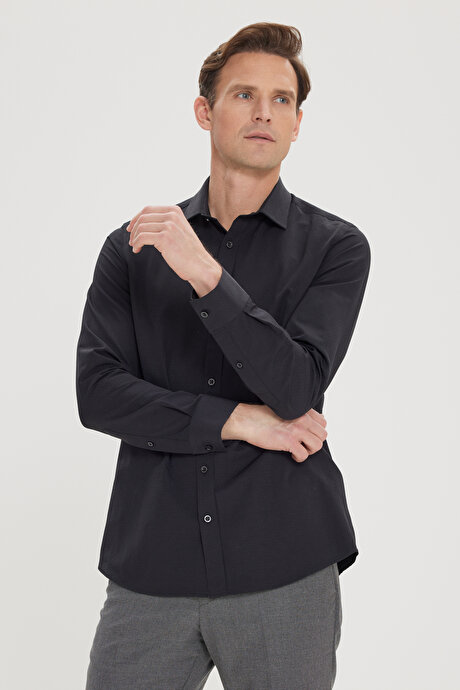 Slim Fit Dar Kesim Klasik Yaka Pamuklu Armürlü Siyah Gömlek resmi