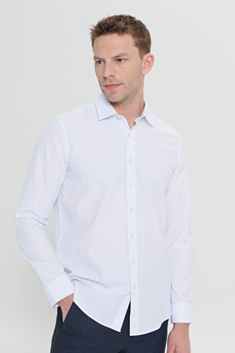 Slim Fit Dar Kesim Klasik Yaka Pamuklu Armürlü Beyaz-Mavi Gömlek resmi