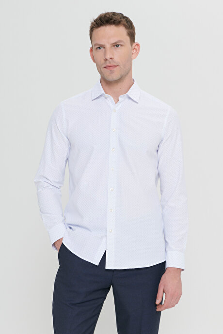 Slim Fit Dar Kesim Klasik Yaka Pamuklu Armürlü Beyaz-Mavi Gömlek resmi