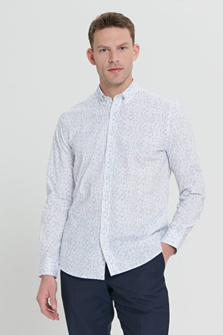 Slim Fit Dar Kesim Klasik Yaka Pamuklu Armürlü Beyaz-Lacivert Gömlek resmi