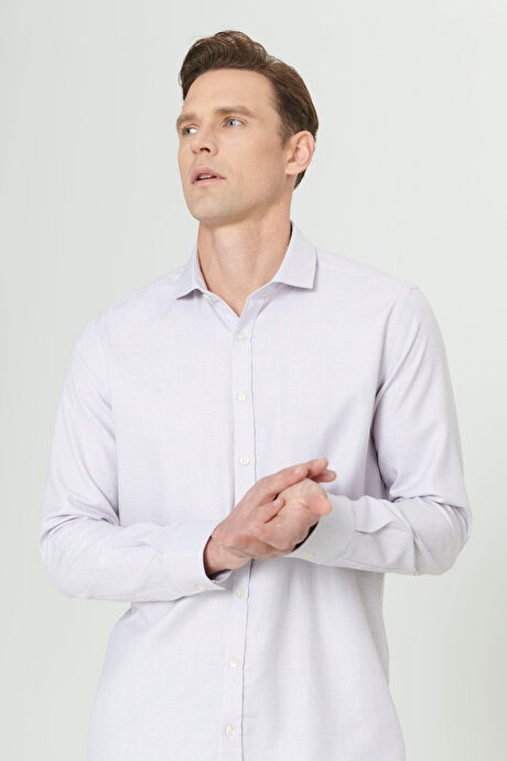 Slim Fit Dar Kesim %100 Pamuk Klasik Yaka Armürlü Bordo-Beyaz Gömlek resmi