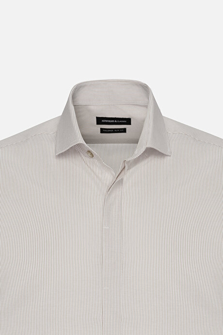 Slim Fit Dar Kesim Klasik Yaka Pamuklu Armürlü Beyaz-Vizon Gömlek resmi