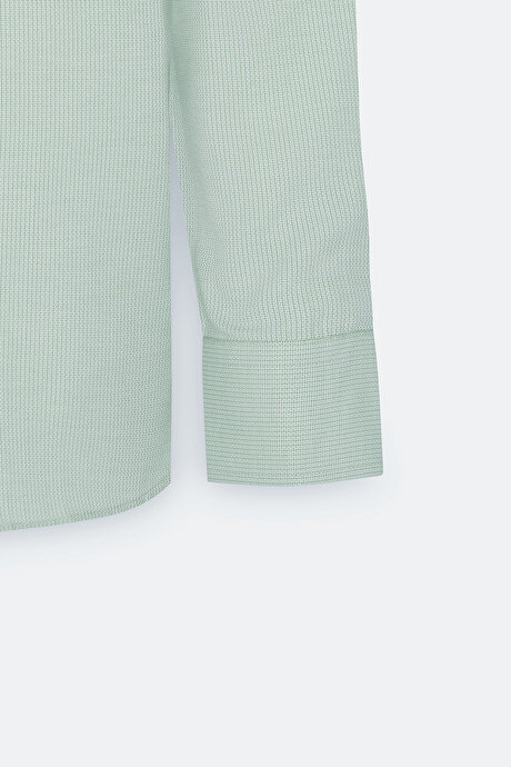 Slim Fit Dar Kesim Düğmeli Yaka Armürlü Pamuklu Yeşil Gömlek resmi