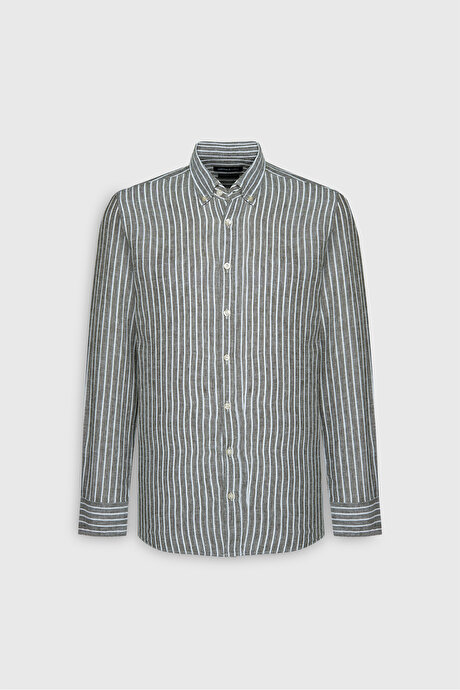 Slim Fit Dar Kesim Düğmeli Yaka Çizgili Beyaz-Haki Gömlek resmi