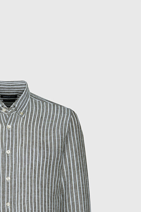 Slim Fit Dar Kesim Düğmeli Yaka Çizgili Beyaz-Haki Gömlek resmi