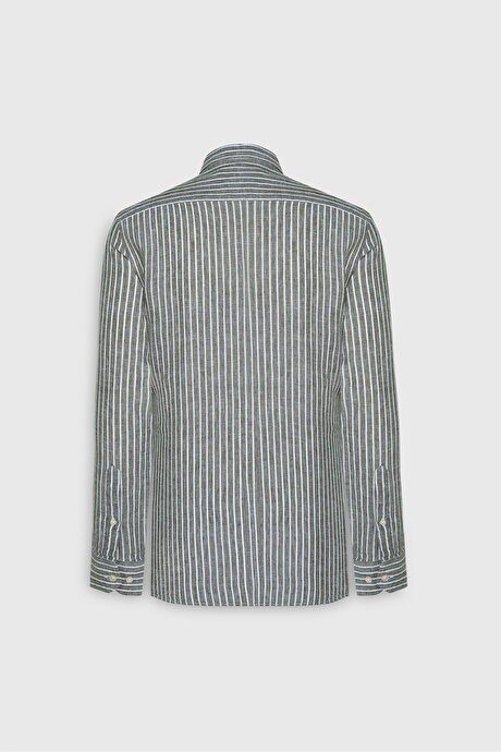 Slim Fit Dar Kesim Düğmeli Yaka Çizgili Beyaz-Haki Gömlek resmi