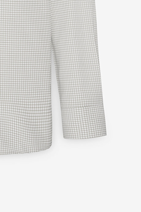 Kolay Ütülenebilir Slim Fit Dar Kesim Düğme Yaka Gofre Desenli Beyaz-Bej Gömlek resmi
